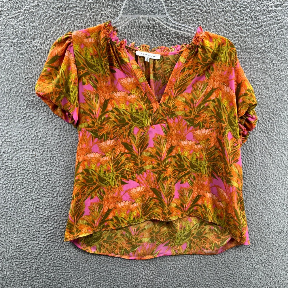 Womens Floral Top‎ M Orange Puff Sleeve Tropical Vacation Resort Beachy Getaway